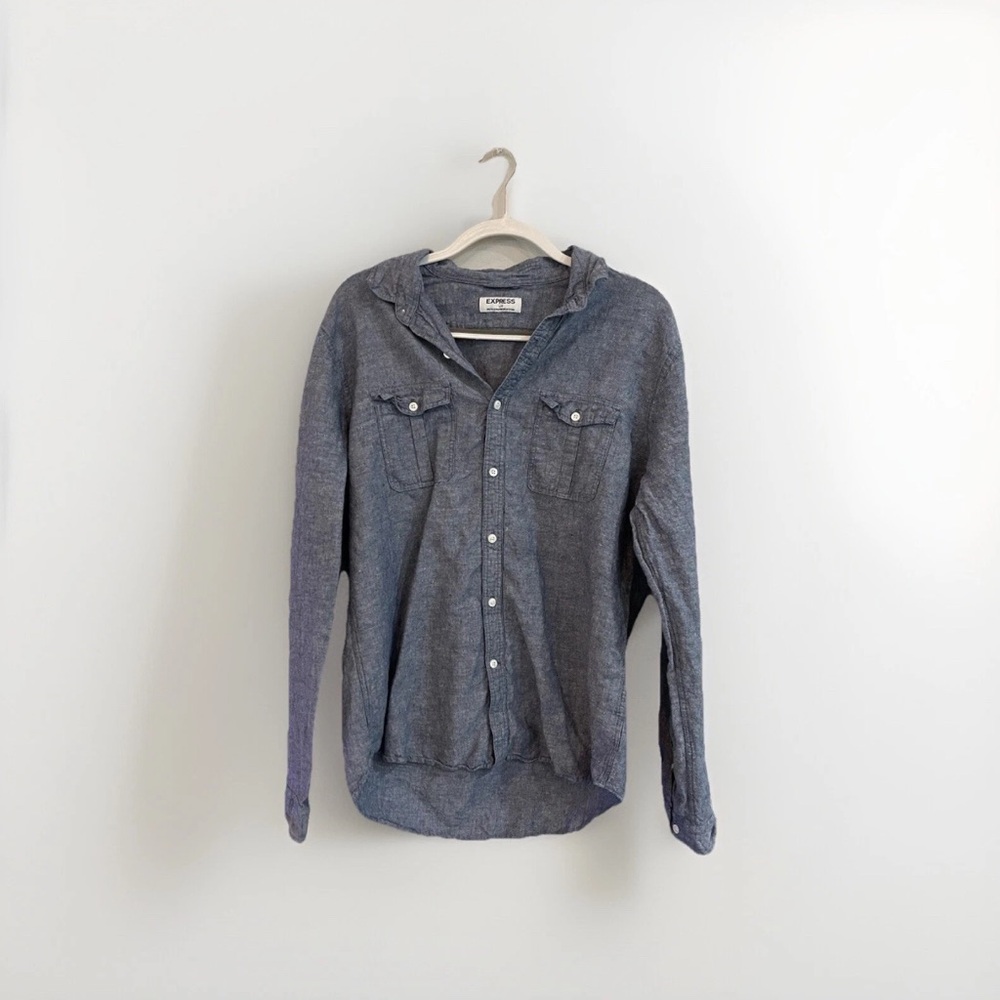 Express Blue Casual Button Down Shirt Relaxed Fit